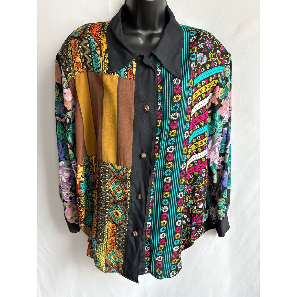 Vintage KAREA Colorful Patchwork Patterned Button Down Shirt Size L Shoulder Pad